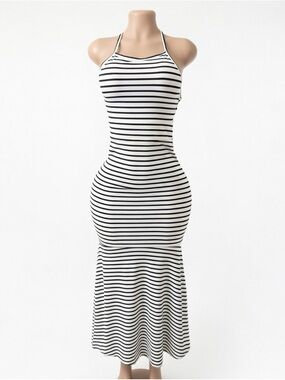 Women's Black & White Striped Halter Midi Dress